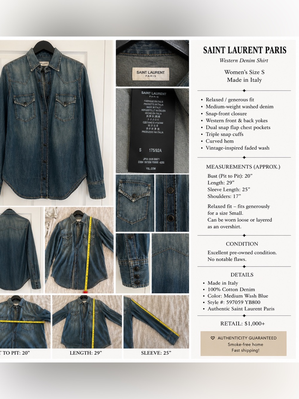 Saint Laurent Paris Denim Western Shirt Faded Blue Snap Front Small EUC - Picture 3 of 3